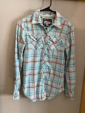 Arizona Jean Company Light Aqua and Orange Plaid Button-Up Shirt